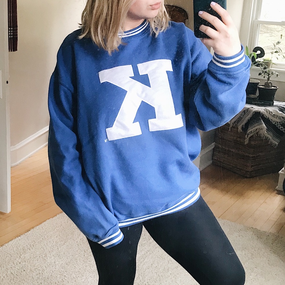 blue oversized varsity style crewneck